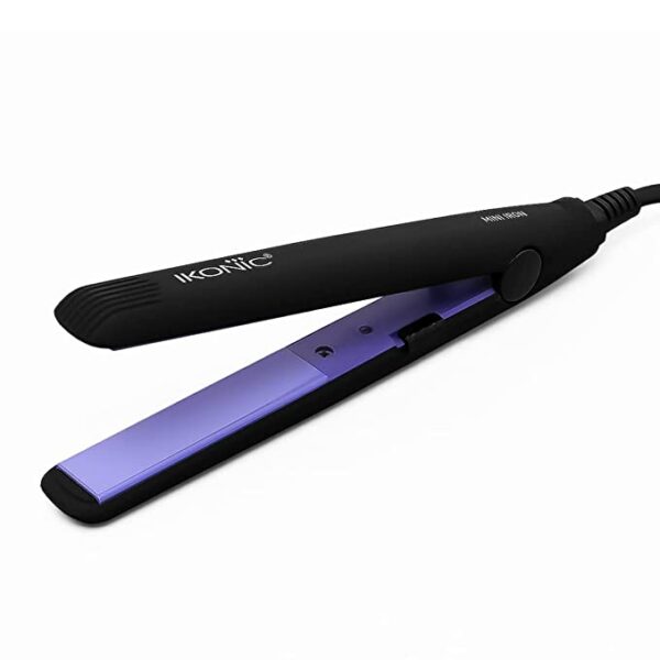 IKONIC MINI IRON HAIR STRAIGHTENER. COMPACT SIZE AND PERFECT TRAVEL COMPANION. SAFE ON CHEMICALLY TREATED HAIR BLACK